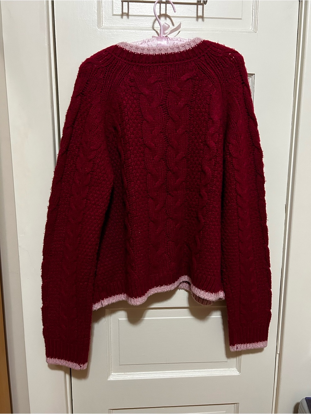 Kimchi Blue Maroon Cable-Knit Cardigan with Pink Trim and Rose Buttons - Picture 5 of 6